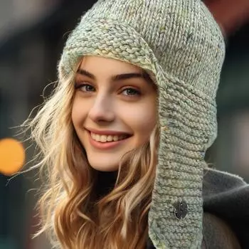 Защитная шапка для ушей, вязаная шапка, женская ветрозащитная шапка American Flying, шерстяная шапка, лыжная шапка Lei Feng бежевый