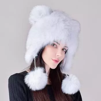 Защитная шапка Lei Feng из лисьего меха для ушей, женская, симпатичная, с комками шерсти, для езды на велосипеде в холодную погоду, корейская версия, теплая, вязаная шерстяная шапка с кошачьими ушками