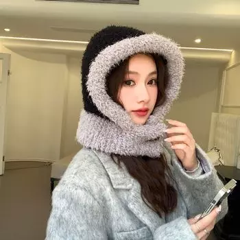 Защитная шерстяная вязаная шапка женская зимняя универсальная теплая шапка-шарф с интегрированным шарфом-балаклавой M (56-58cm) hat and scarf integrated чёрный