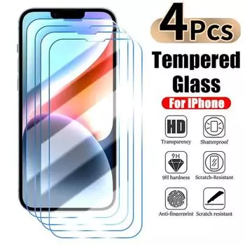Защитное стекло для экрана iPhone 14 13 12 11 Pro Max, мини-защитное стекло для iPhone X XR XS Max 15 PLUS, закаленное стекло, 4 шт. iphone 11 чистый