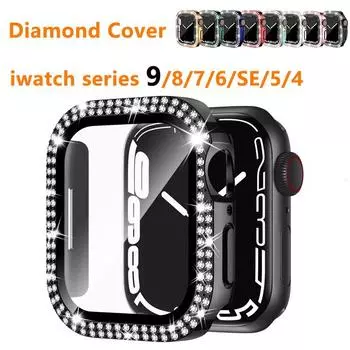 Защитное стекло для экрана из закаленного стекла для Apple Watch Case 45 мм/41 мм/40 мм Series 9/8/7/6/se/5/4 Diamond PC для iWatch 38 мм/42 мм/44 мм Series 7 8 9 45MM чёрный
