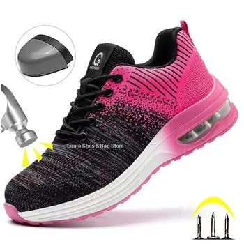 Защитные рабочие ботинки со стальным носком, женские рабочие кроссовки на воздушной подушке, модные противоударные неразрушимые рабочие туфли для женщин, размер 35-46 35