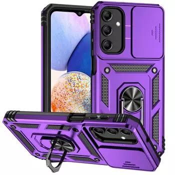 Защитный чехол 3 в 1 для телефона Samsung Galaxy A15 5G, магнитный автомобильный держатель с кольцом, задняя крышка-подставка, выдвижная крышка объектива для чехлов Galaxy A14 5G For Samsung Galaxy A14 чёрный