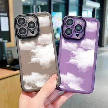 Защитный чехол Cloud Mass Pattern с линзами для iPhone 16 Pro 15 14 Plus 13 12 Pro Max 11, ударопрочный тонкий силиконовый мягкий прозрачный чехол iPhone 16 чёрный