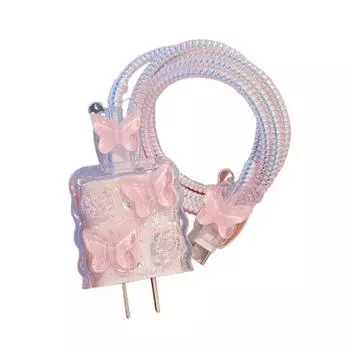 Защитный чехол для адаптера питания USB-C 20 Вт для iPhone, кабель для зарядки, 3D мультяшная бабочка, защитная крышка для зарядного устройства, протектор зарядного кабеля розовый