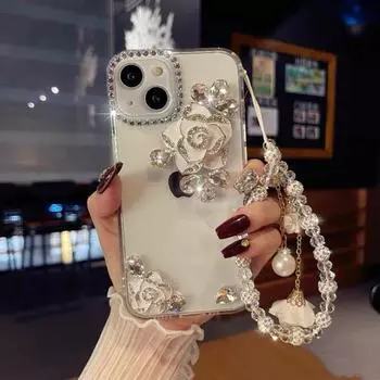 Защитный чехол для iPhone 13/14 с дизайном Diamond Camellia и браслетом для Apple 16 Pro Max Apple 11promax розовый