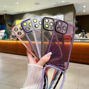 Защитный чехол для объектива телефона для Iphone 15 Pro Max 14 Pro Plus 13 12 11, прозрачный силиконовый противоударный одноцветный чехол на шнурке iPhone 15 чёрный