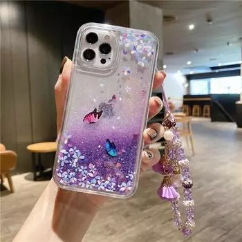 Защитный чехол для OPPO Reno12 и FindX7 Butterfly Cherry Blossom Lanyard Quicksand с силиконовой женской моделью. OPPO Reno7