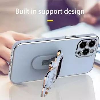 Защитный чехол для телефона с гальваническим покрытием, противоударный, износостойкий, многофункциональный, защитная пленка для камеры, чехол для мобильного телефона с мультяшным астронавтом и подставкой For iPhone14 светло-голубой