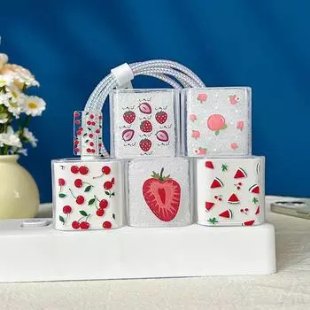 Защитный чехол для зарядного устройства Apple, устройство для перекусывания проводов, дизайн в виде ломтиков клубники для кабеля передачи данных iPhone 15/14. watermelon slices прозрачный