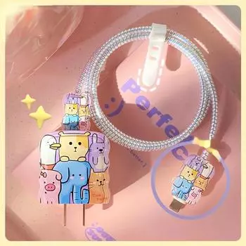 Защитный чехол для зарядного устройства для передачи данных с рисунком милых шести милых животных с однотонной волной для iPhone 14promax 18/20w D