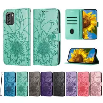 Защитный чехол из искусственной кожи с тиснением подсолнуха, фолио, держатель для магнитных карт, подставка, ремешок на запястье, флип-чехол для Nokia G22 G11 G21 G60 Nokia G11/G21 чёрный
