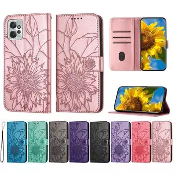 Защитный чехол из искусственной кожи с тиснением подсолнуха, держатель для магнитных карт, подставка, ремешок на запястье, флип-чехол для Moto G Stylus/G Power/E13/G73/G72/G62 Moto E20/E30/E40 чёрный