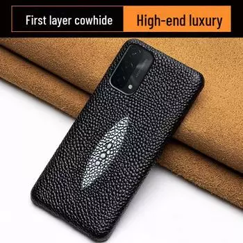 Защитный чехол из воловьей кожи с рисунком в виде рыбки и жемчуга для OPPO A93/A93s/A96/A97 A95 чёрный