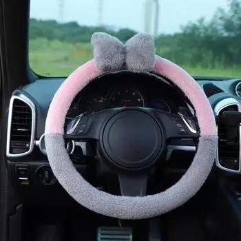 Защитный чехол на руль, универсальный теплый супер мягкий плюшевый чехол на руль автомобиля с бантом розовый/белый