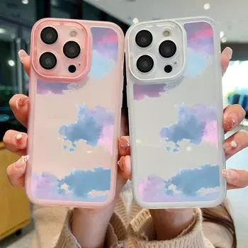 Защитный чехол с цветными облаками и пленкой для объектива для iPhone 16 Pro 15 14 Plus 13 12 Pro Max 11, ударопрочный тонкий силиконовый мягкий прозрачный чехол iPhone 16 чёрный