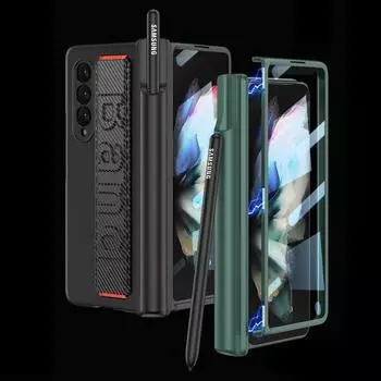 Защитный чехол с магнитным шарниром для Samsung Galaxy Z Fold 3 5g Fold3, чехол с ремешком на запястье, стеклянная пленка, держатель для ручек Zfold3 Hard Shell Case & Screen Protector серебряный