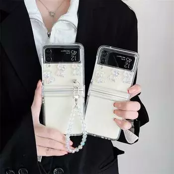 Защитный чехол с мультяшным кристаллом и 3d медведем, полный бронированный чехол для телефона для Samsung Galaxy Z Flip 4 Z Flip 3 5g, чехол-браслет с цепочкой из бисера For Z Flip 4