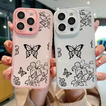 Защитный чехол с рисунком бабочки и линзами для iPhone 16 Pro 15 14 Plus 13 12 Pro Max 11, ударопрочный тонкий силиконовый мягкий прозрачный чехол iPhone 16 чёрный