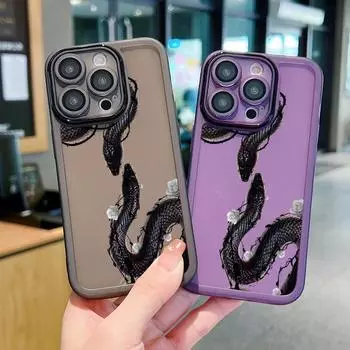 Защитный чехол с рисунком змеи и линзами для iPhone 16 Pro 15 14 Plus 13 12 Pro Max 11, ударопрочный тонкий силиконовый мягкий прозрачный чехол iPhone 16 чёрный