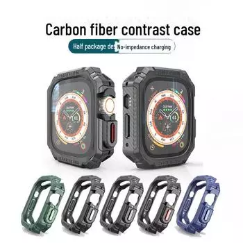 Защитный чехол с текстурой из углеродного волокна Contrast Armor Half Cover для Apple Watch Ultra/9 iWatch4/5/6/SE 40mm серебряный/чёрный