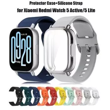 Защитный чехол + силиконовый ремешок для Xiaomi Redmi Watch 5 Lite/5 Active Full Cover Screen TPU Soft Shell и дышащий спортивный ремешок Watch 5 Active белый/чистый