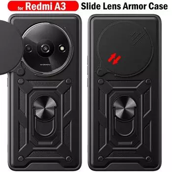 Защитный чехол со слайд-объективом для камеры Redmi A3 4G 2024, чехлы с магнитным кольцом и подставкой-держателем, жесткий чехол для Xiaomi Redmi A3 A 3, противоударный корпус For Redmi A3 4G чёрный