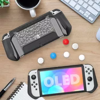 Защитный чехол TPU Diamond Design для консоли Nintendo Switch OLED, удобный для прикосновения с 6 колпачками для больших пальцев чёрный