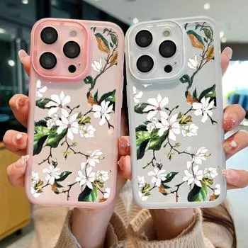 Защитный чехол Yulan Flower Pattern с линзами для iPhone 16 Pro 15 14 Plus 13 12 Pro Max 11, ударопрочный тонкий силиконовый мягкий прозрачный чехол iPhone 16 чёрный