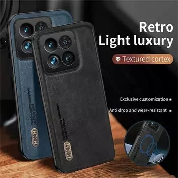 Защитный кожаный чехол для телефона с текстурой объектива для Xiaomi Mi 14 Mi14 Pro 5G 14Pro, автомобильный магнитный держатель, противоударный защитный чехол For Xiaomi 14 синий