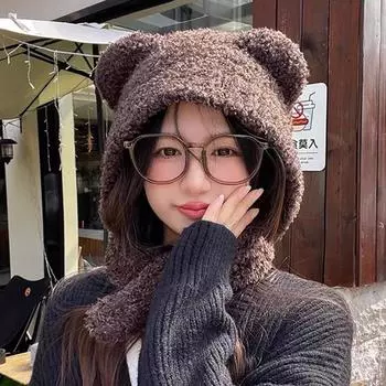 Защитный шарф для ушей, плюшевая шапка, женская зимняя защита от холода, теплая вязаная шерстяная шапка, медвежьи ушки, овечья шерсть, шапка Lei Feng M56-58cm