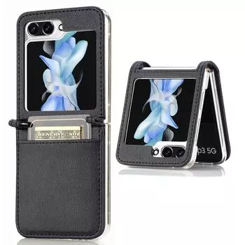 Защитный тонкий чехол для Samsung Galaxy Z Flip5 5G с текстурой личи, держателем для карт, из ПУ кожи и ПК, чехол для телефона Black