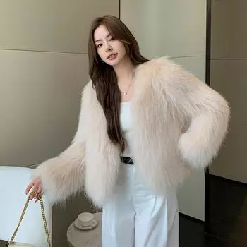 Зашифрованная двухсторонняя шуба из меха енота с коротким V-образным вырезом, зимняя новинка 2024 года, шуба для молодых One size чёрный