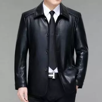 Застегивающаяся на пуговицы мужская кожаная куртка с лацканами, красивый папа среднего возраста, куртка из овечьей кожи 170