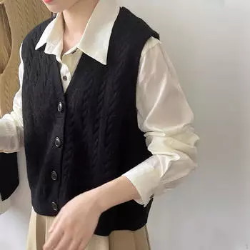 Застегивающийся на пуговицы трикотажный жилет для свиданий в стиле ретро, повседневный, удобный, без рукавов Length 53cm чёрный