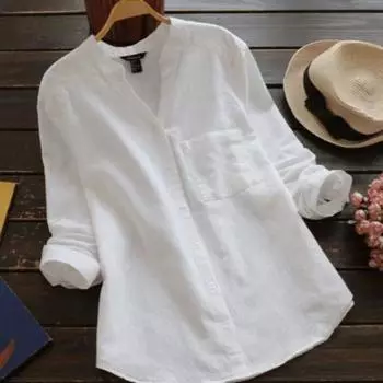 Застежка, большой размер, цвет, длинный V-образный вырез, однотонное платье с рукавами на пуговицах, хлопок, конопля, лето для женщин L белый