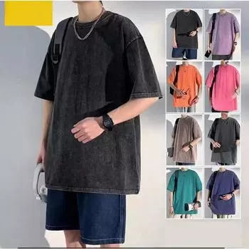 Застиранная и поношенная футболка, хлопок, тяжелый батик, жареная снежинка в стиле ретро, свободная, с короткими рукавами XXL чёрный