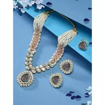 ZAVERI PEARLS розовые фиолетовые камни, украшенные ожерельем и кольцами Kundan, комплект для женщин-