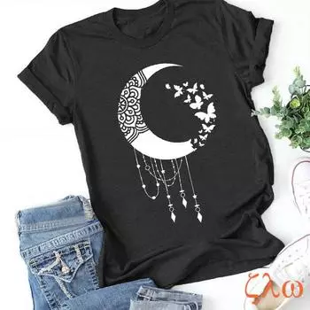 Zavita женские футболки с лунным принтом повседневные рубашки с коротким рукавом и круглым вырезом размера плюс S-5XL летние хлопковые топы XXXXXL чёрный