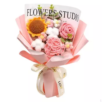 Завершенный букет из искусственных цветов, связанных крючком, для домашнего декора на вечеринку розовый