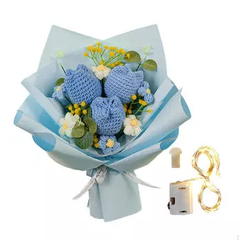 Завершенный крючком Тюльпаны Букет цветов Вязаные цветы Объемный декор ко Дню Святого Валентина Орнамент Рука синий