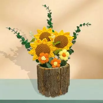 Завершенный вязаный крючком цветок Искусственные цветы с длинным стеблем Фрукты Животные Подсолнух Вязаный I