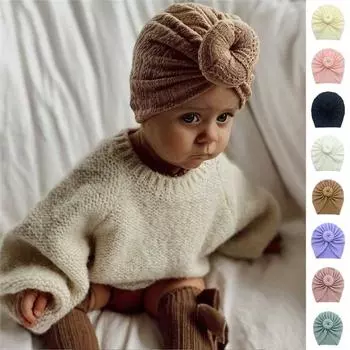 Завязанная шапочка для ребенка, тюрбан с большим бантом, плотная теплая уличная шапка для младенцев, однотонная зимняя шапка чёрный