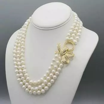 Завязанное вручную ожерелье из белого пресноводного жемчуга 8-9 мм с микроинкрустацией из циркона, застежка-бант, модные украшения