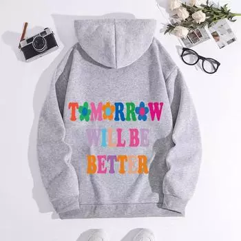 Завтра будет лучше Принт алфавита Толстовка из флиса с капюшоном и рукавами до плеча, Женская XS серый