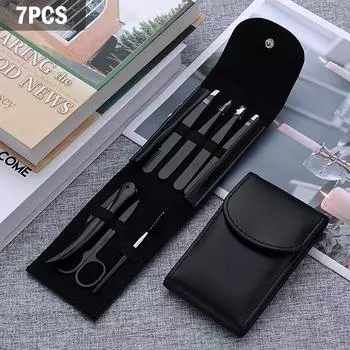 Зажим для бровей из нержавеющей стали, черный набор пинцетов, набор из семи предметов для бровей и косметических инструментов