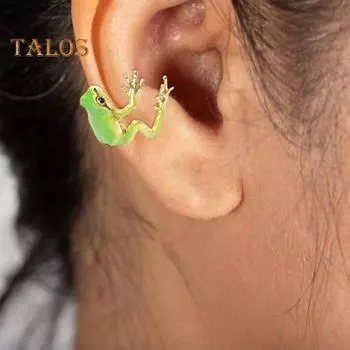 Зажим для ушей древесной лягушки Кольцо-лягушка Хорошая детализация Реалистичные животные Гладкое полированное регулируемое открытое кольцо Новинка Серьги Вечерние Повседневные женские украшения на палец зелёный