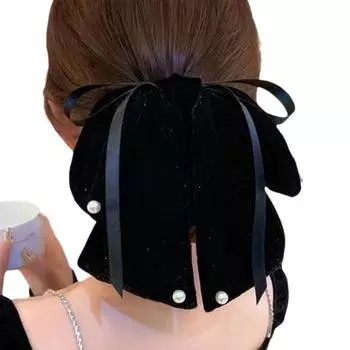 Зажим для волос Ленточная заколка для волос Жемчужная большая заколка для волос Милый бант Бархатная заколка для волос для девочек чёрный