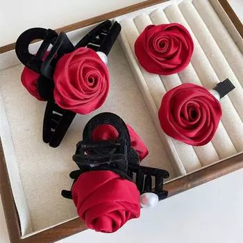 Зажим для волос с бантом, бархатный ободок для волос с цветком, модная красная роза, женская заколка для волос F-Duckbill clip