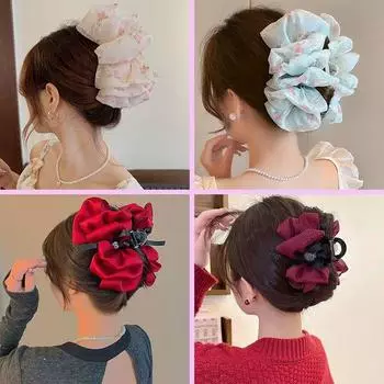 Зажим-зажим с жемчужной пузырчатой сеткой для женщин, многослойный бант, большой зажим-акула на затылке 13cm Extra Large Gripper